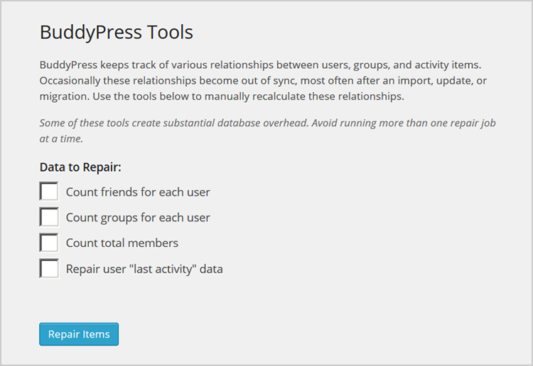 BuddyPress Repair Tools Admin Screen