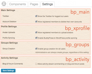 Available BuddyPress settings sections