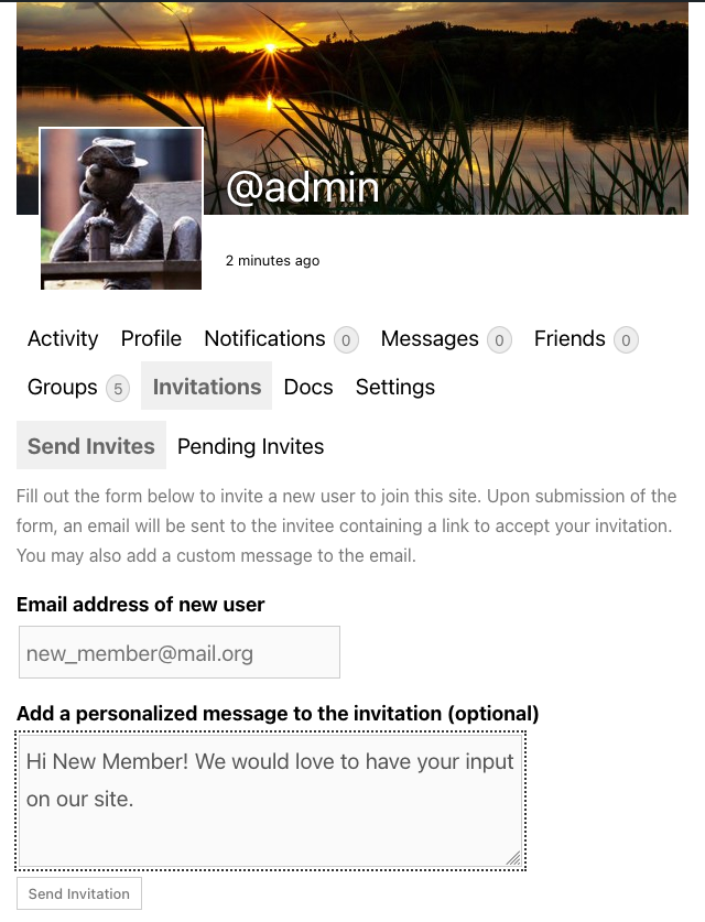 The send invitation form on a user's profile.