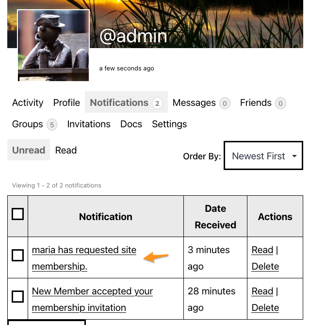 A site admin's notifications screen, with a new membership request notification highlighted.