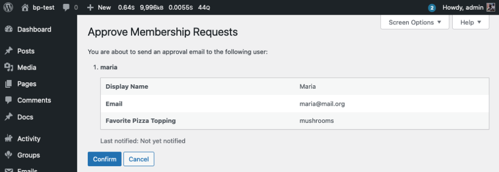 The WP Admin screen used to approve a single membership request.