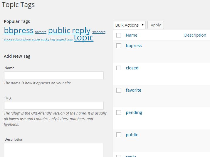 topic tags WordPress backend